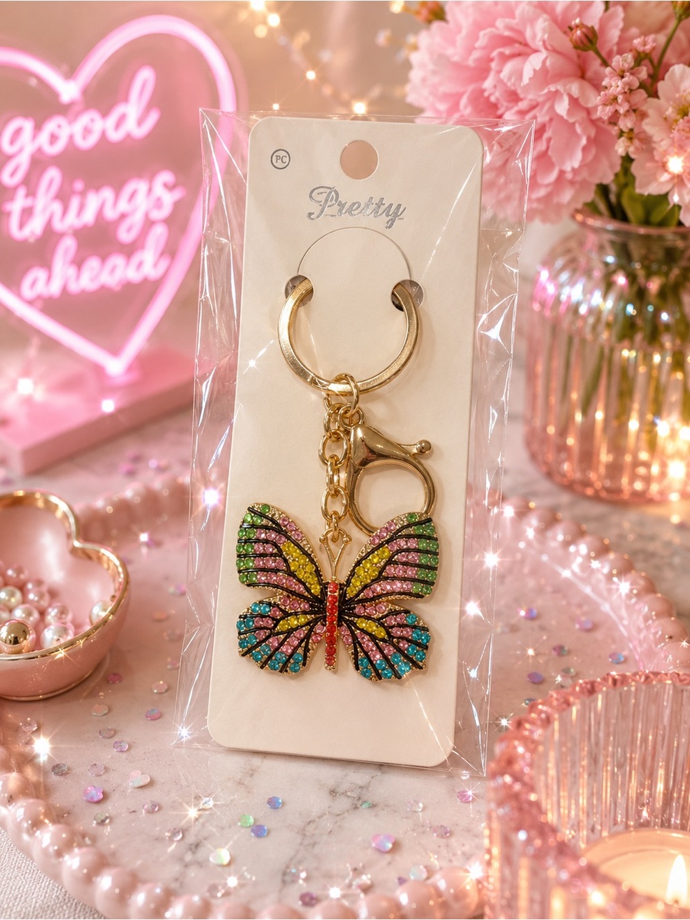 Multicolor Crystal Butterfly Keyring with Gold Hardware